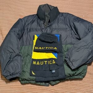 Vintage Nautica Men's XL Reversible Goose Down Puffer Coat With Scarf And Beanie